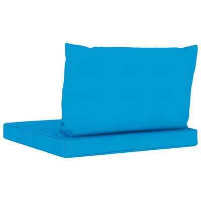 vidaXL Trivietė sodo sofa iš palečių su mėlynomis pagalvėlėmis, pušis