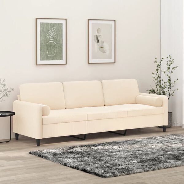 vidaXL Trivietė sofa su pagalvėmis, kreminės spalvos, 210cm, aksomas