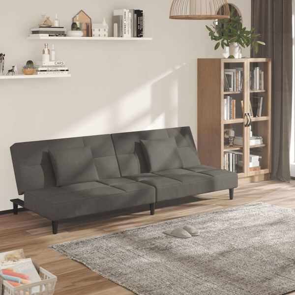vidaXL Dvivietė sofa-lova su dvejomis pagalvėmis, pilka, aksomas