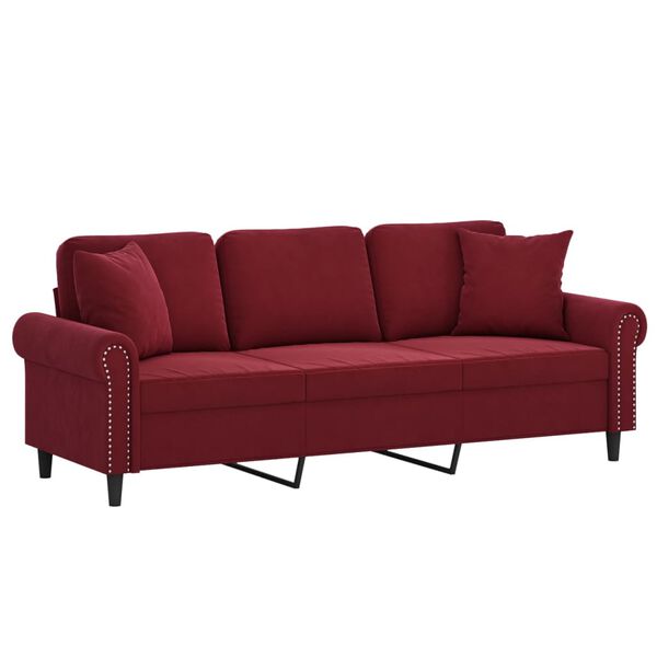 vidaXL Trivietė sofa su pagalvėmis, raudonojo vyno, 180cm, aksomas