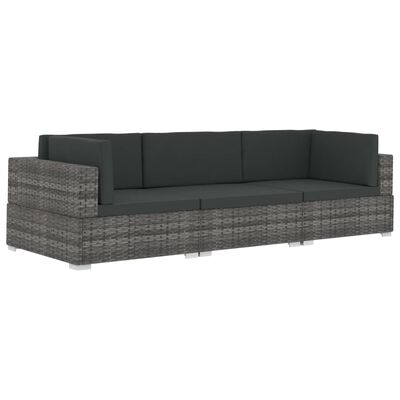 vidaXL Sodo sofos komplektas su pagalvėmis, 3 dalių, pilkas, ratanas