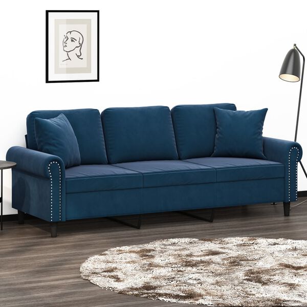 vidaXL Trivietė sofa su pagalvėmis, mėlynos spalvos, 180cm, aksomas