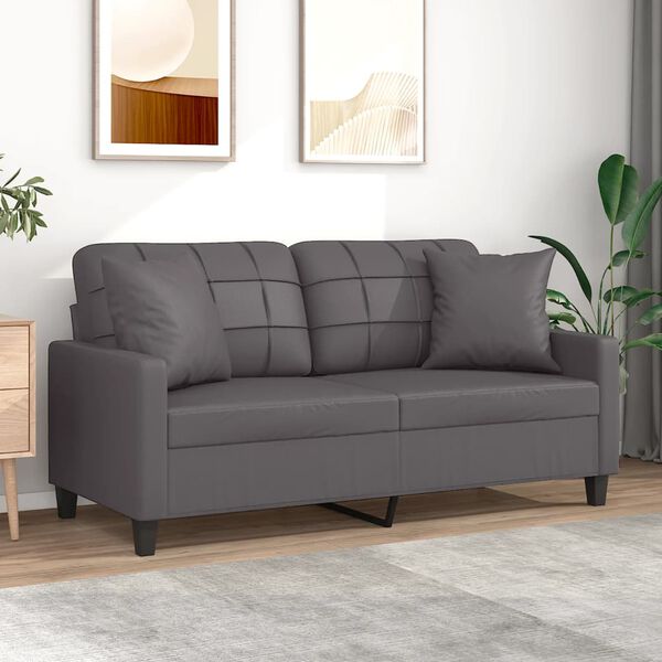 vidaXL Dvivietė sofa su pagalvėlėmis, pilka, 140cm, dirbtinė oda