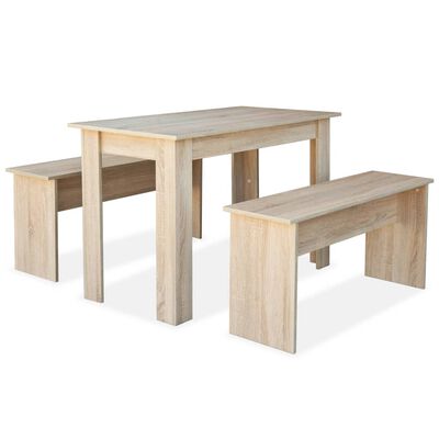 vidaXL Valgomojo stalas su suolais, 3vnt, med. drožlių plokštė, ąžuolo