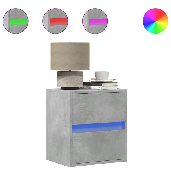 vidaXL Prie sienos montuojama naktinė spintelė su LED, betono pilka