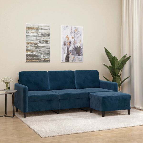 vidaXL Trivietė sofa su pakoja, mėlynos spalvos, 180cm, aksomas