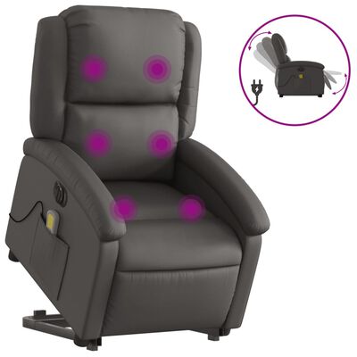 vidaXL Atsistojantis elektrinis masažinis krėslas, pilkas, tikra oda