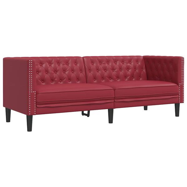vidaXL Trivietė chesterfield sofa, raudonojo vyno sp., dirbtinė oda