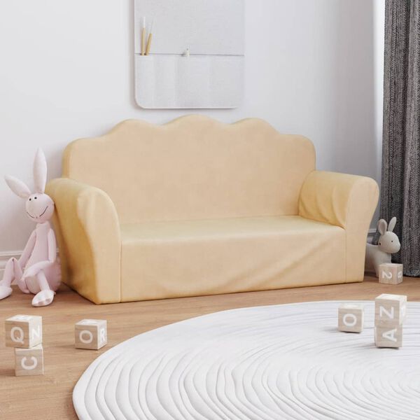 vidaXL Dvivietė vaiki&scaron;ka sofa, kreminės spalvos, mink&scaron;tas pliu&scaron;as