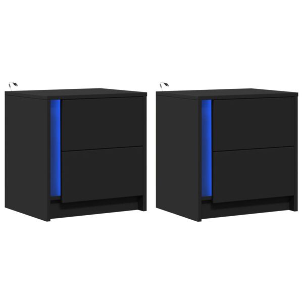 vidaXL Naktinės spintelės su LED lemputėmis, 2vnt., juodos, mediena