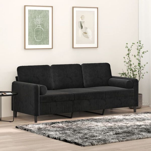 vidaXL Trivietė sofa su pagalvėmis, juodos spalvos, 180cm, aksomas