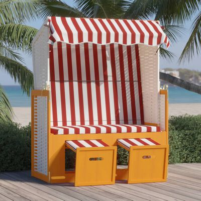 vidaXL Paplūdimio kėdė su stogeliu, raudona/balta, poliratanas/mediena