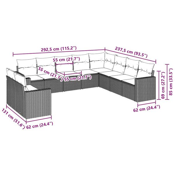 vidaXL Sodo komplektas su pagalvėlėmis, 10 dalių, rudas, poliratanas