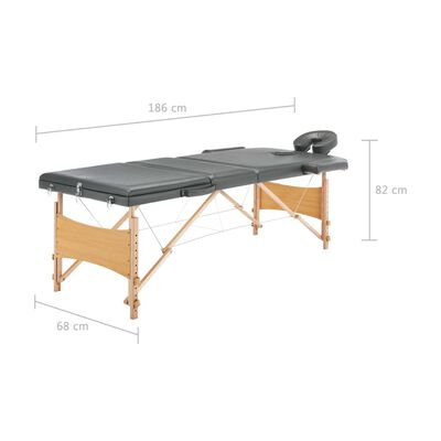 vidaXL Masažo stalas, antracito, 186x68cm, 3 zonų, medinis rėmas