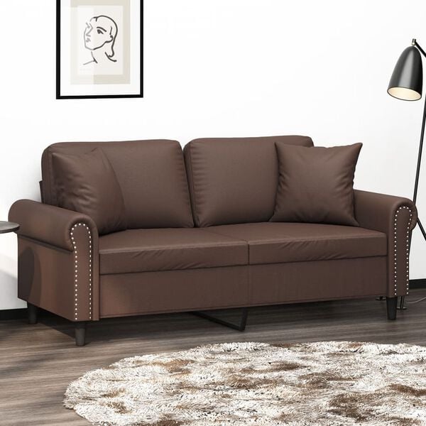 vidaXL Dvivietė sofa su pagalvėmis, ruda, 140cm, dirbtinė oda