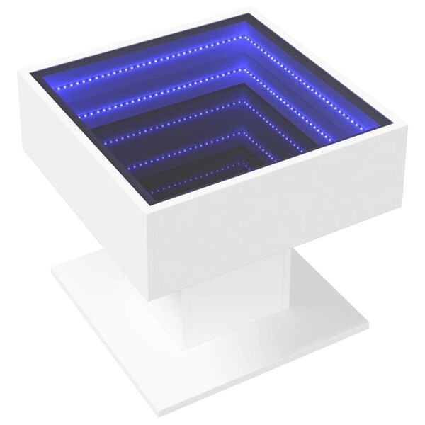 vidaXL Kavos staliukas su LED, baltas, 50x50x45cm, apdirbta mediena