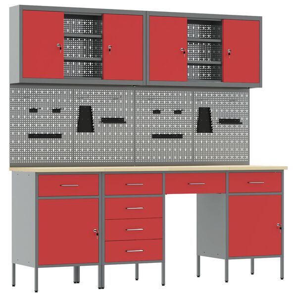 vidaXL Darbastalis su stalčių su saugykla su užraktu Raudona Plienas