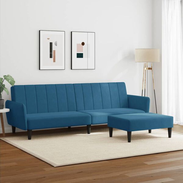 vidaXL Dvivietė sofa-lova su pakoja, mėlynos spalvos, aksomas