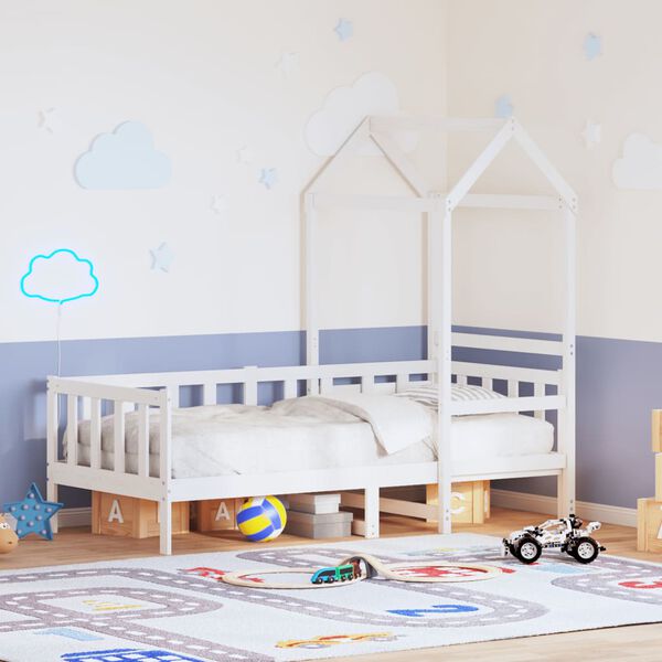 vidaXL Lova su stogeliu, baltos spalvos, 90x200cm, pušies masyvas