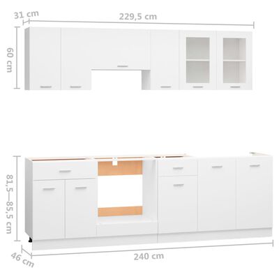 vidaXL Virtuvės spintelių komplektas, 8 dalių, baltos spalvos, MDP