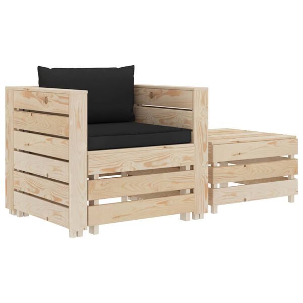 vidaXL Poilsio komplektas su juodomis pagalvėlėmis, 2 dalių, mediena