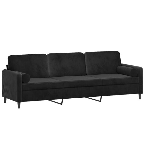 vidaXL Trivietė sofa su pagalvėmis, juodos spalvos, 210cm, aksomas