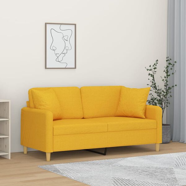 vidaXL Dvivietė sofa su pagalvėmis, &scaron;viesiai geltona, 140cm, audinys