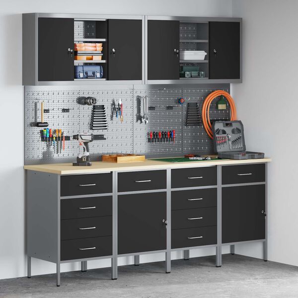 vidaXL Darbo spinta 10 pcs Juoda Inžinerinė mediena ir plienas