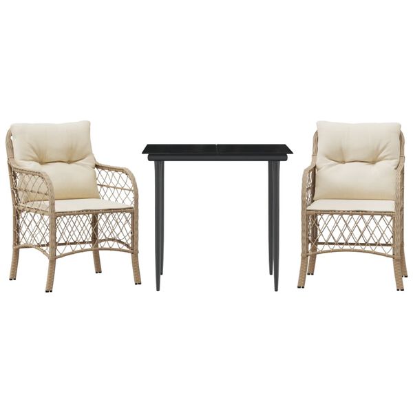 vidaXL Bistro komplektas su pagalvėlėmis, 3 dalių, smėlio, poliratanas