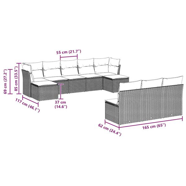 vidaXL Sodo komplektas su pagalvėlėmis, 10 dalių, pilkas, poliratanas