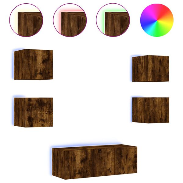 vidaXL Sieninė TV sekcija su LED, 6 dalių, dūminio ąžuolo, mediena