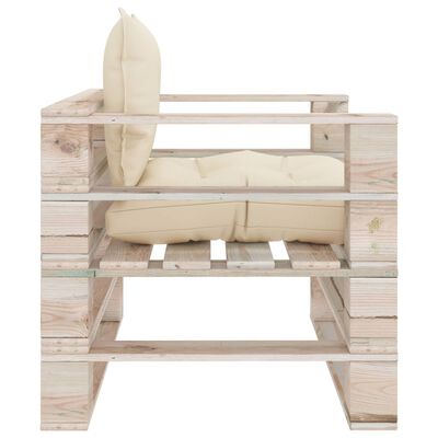 vidaXL Sodo sofa iš palečių su kreminėmis pagalvėlėmis, pušies mediena