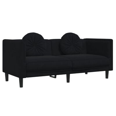 vidaXL Dvivietė sofa su pagalvėlėmis, juodos spalvos, aksomas