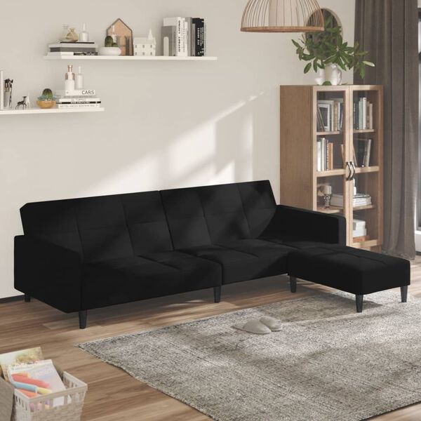 vidaXL Dvivietė sofa-lova su taburete, juoda, mikropluo&scaron;to audinys
