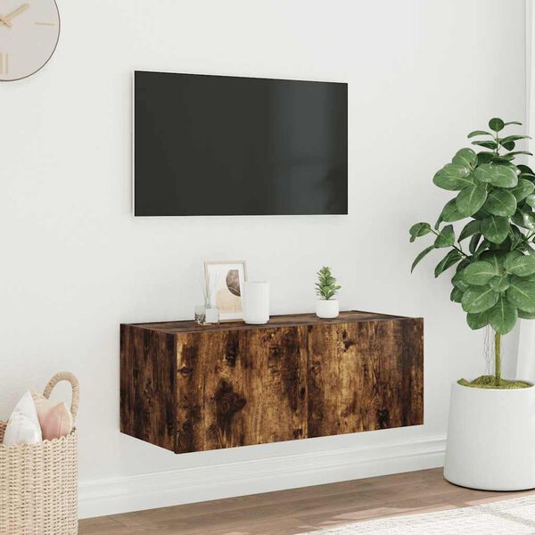vidaXL Sieninė TV spintelė su LED lemputėmis, dūminė, 80x35x31cm