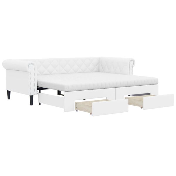 vidaXL Ištraukiama lova su stalčiais, balta, 90x200cm, dirbtinė oda