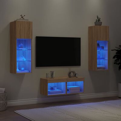 vidaXL Sieninės TV spintelės su LED lemputėmis, 4 dalių, ąžuolo
