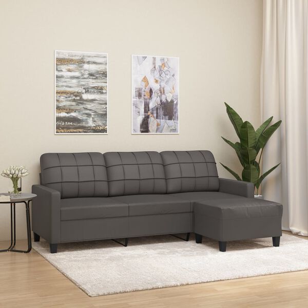 vidaXL Trivietė sofa su pakoja, pilkos spalvos, 180cm, dirbtinė oda