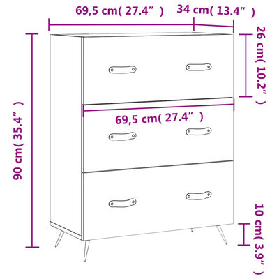 vidaXL Komoda su stalčiais, balta, 69,5x34x90cm, apdirbta mediena