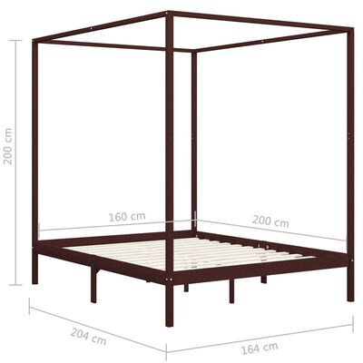 vidaXL Lovos rėmas su baldakimu, rudas, 160x200cm, pušies masyvas