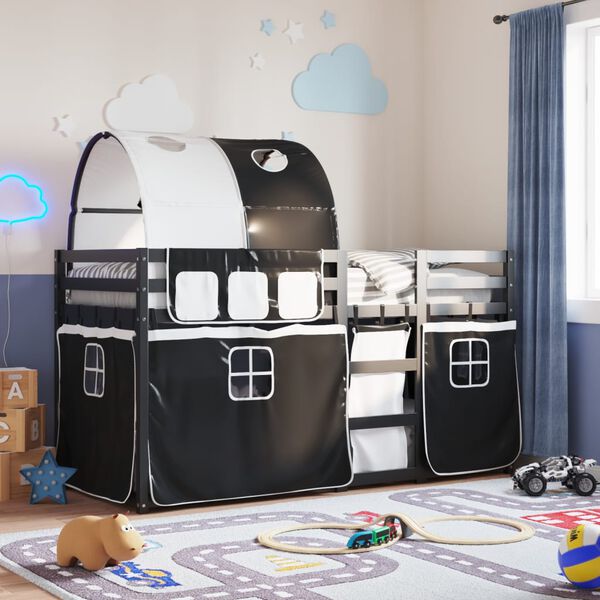 vidaXL Dviauk&scaron;tė lova su užuolaidomis, balta/juoda, 90x200cm, pu&scaron;is