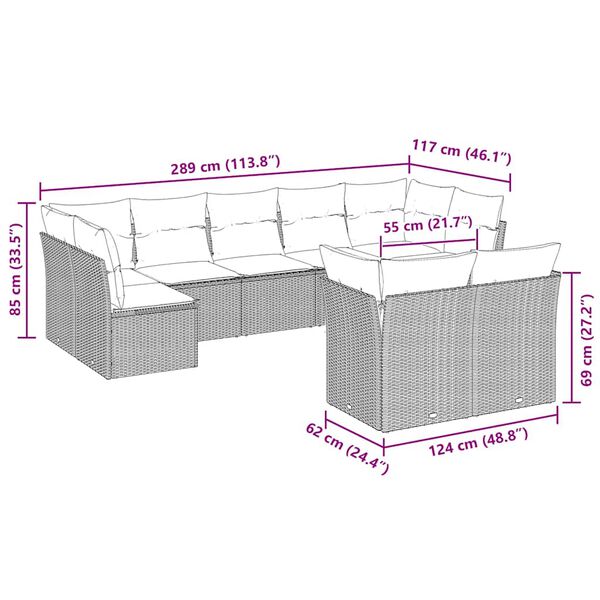 vidaXL Sofos komplektas su pagalvėlėmis, 9 dalių, pilkas, poliratanas