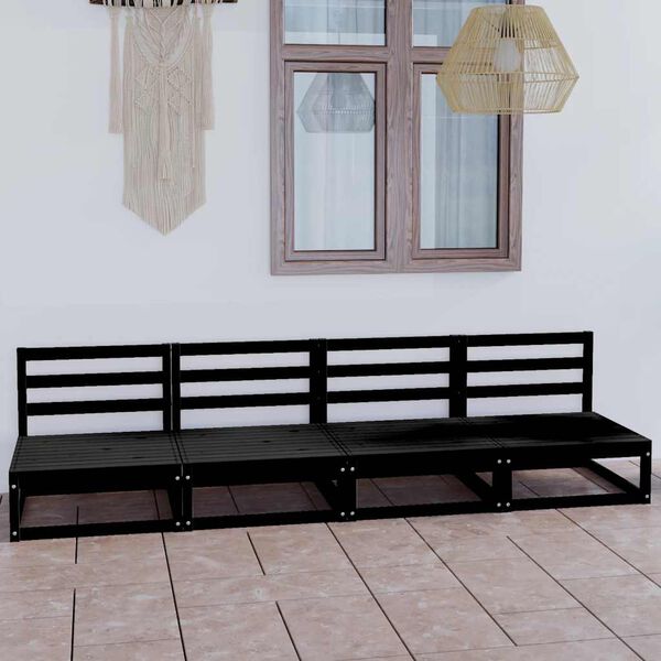 vidaXL Keturvietė sodo sofa, juodos spalvos, pušies medienos masyvas