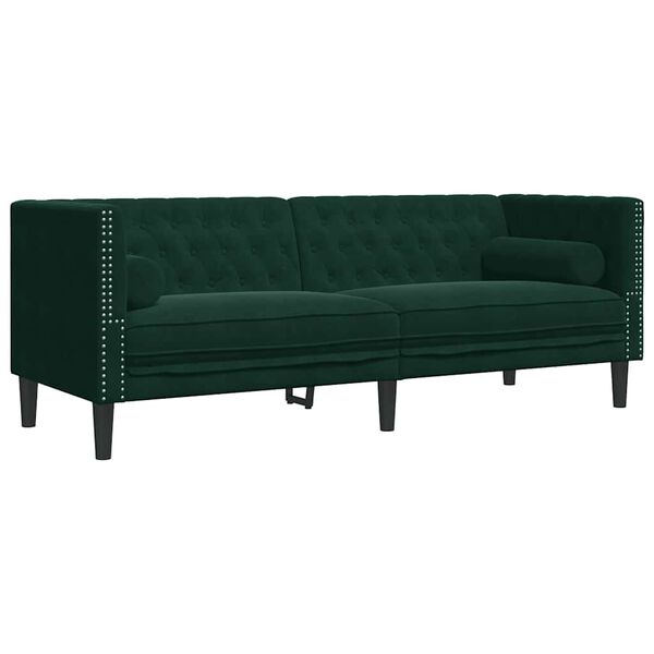 vidaXL Trivietė chesterfield sofa su pagalvėlėmis, žalia, aksomas