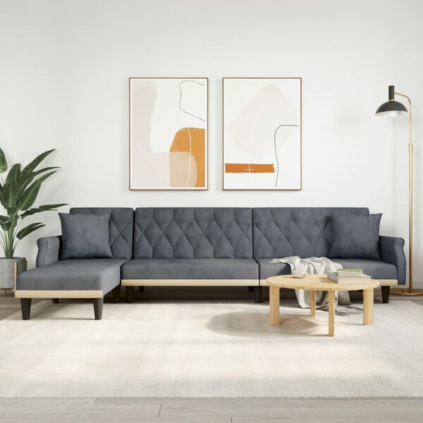 vidaXL L formos sofa-lova, tamsiai pilka, 271x140x70cm, aksomas