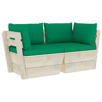vidaXL Dvivietė sodo sofa iš palečių su pagalvėlėmis, eglės mediena
