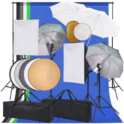 vidaXL Studijos komplektas su šviesdėžėmis/skėčiais/fonu/reflektoriumi