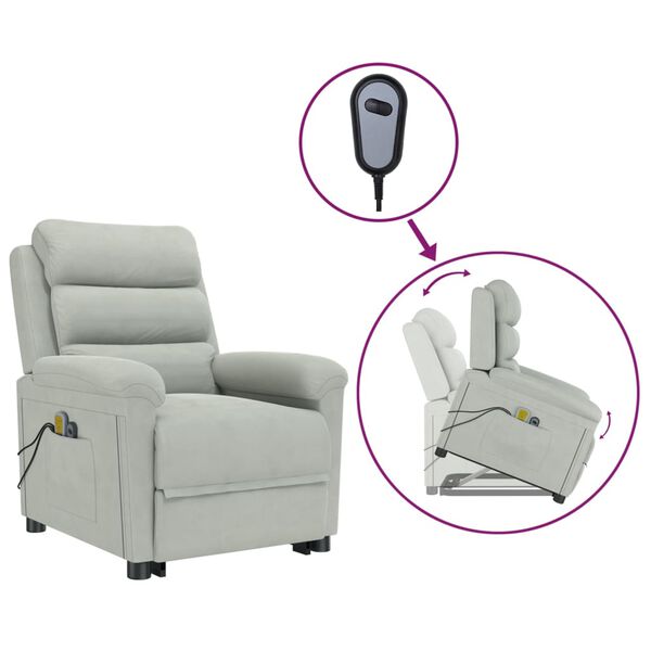 vidaXL Atsistojantis masažinis krėslas, šviesiai pilkas, aksomas