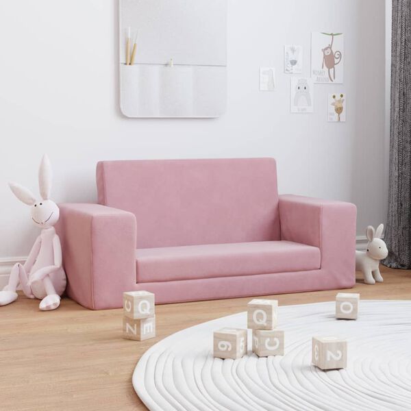 vidaXL Vaiki&scaron;ka dvivietė sofa-lova, rožinės spalvos, mink&scaron;tas pliu&scaron;as