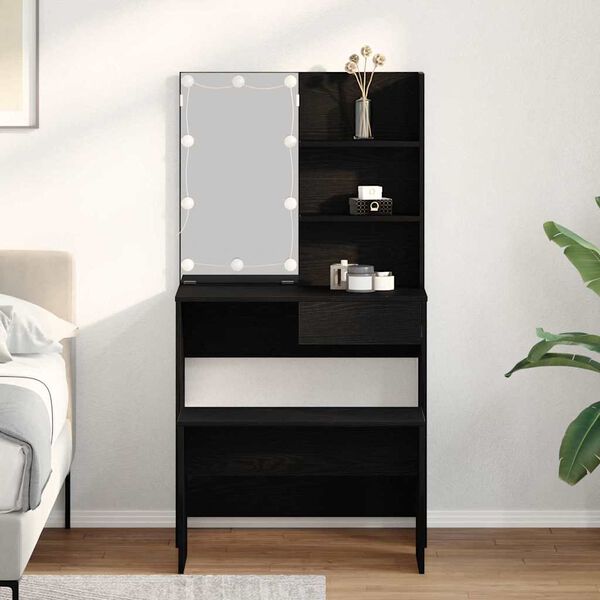 vidaXL LED makiažo stalo komplektas su stalčių 2 pcs Juodas ąžuolas